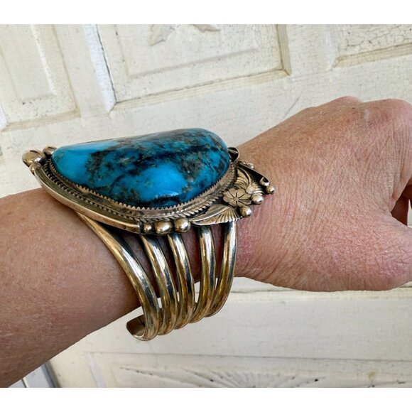 Vintage Ray Nez Heavy Large Blue Turquoise Sterling Cuff Bracelet - Picture 11 of 14